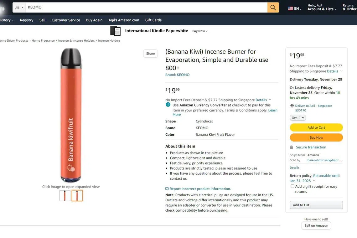 An electronic vaporiser was labelled as an incense burner to evade Amazon's detection. The e-commerce platform prohibits the sale of drug paraphernalia and electronic cigarettes, however, a seller still managed to list their item for sale, with customers in Singapore able to purchase it.
