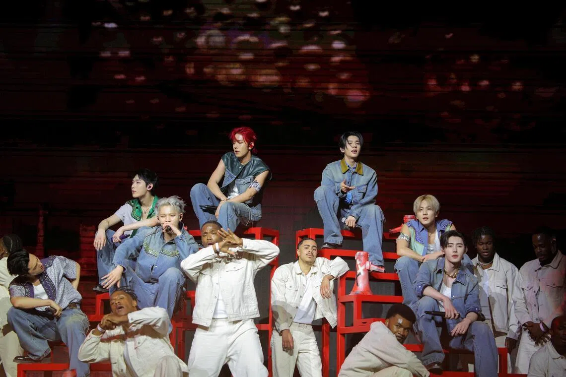 Enhypen performs at the Coachella Valley Music and Arts Festival in Indio, California, US, on April 12, 2025. Heeseung announced his sudden departure from the group to pursue his own solo career on March 17.