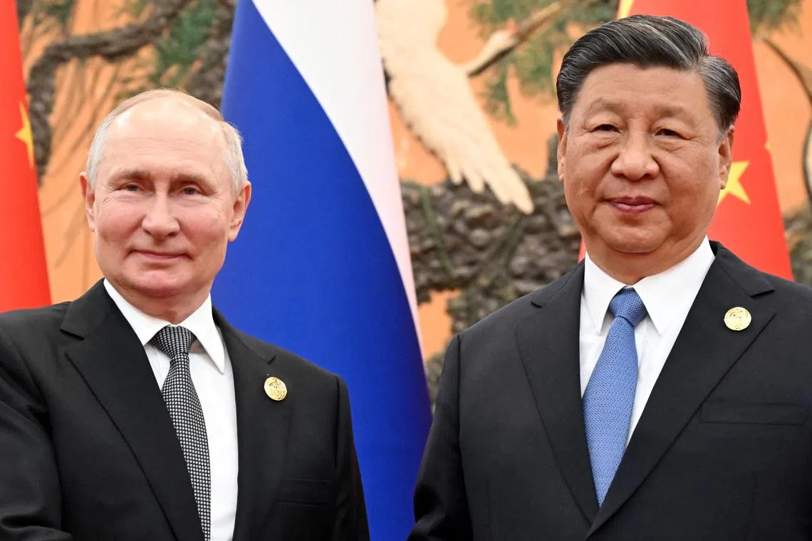 FILE PHOTO: Russian President Vladimir Putin and Chinese President Xi Jinping attend a meeting on the sidelines of the Belt and Road Forum in Beijing, China, October 18, 2023. Sputnik/Sergei Guneev/Pool via REUTERS/ File photo