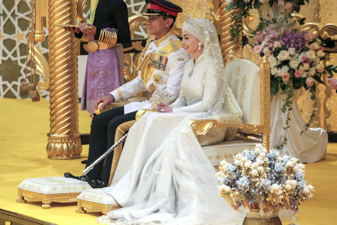 The newlywed royal couple Prince Abdul Mateen  and his bride Anisha Rosnah during their royal wedding ceremony at Istana Nurul Iman, in Bandar Seri Begawan, Brunei, on  Jan 14, 2024. 