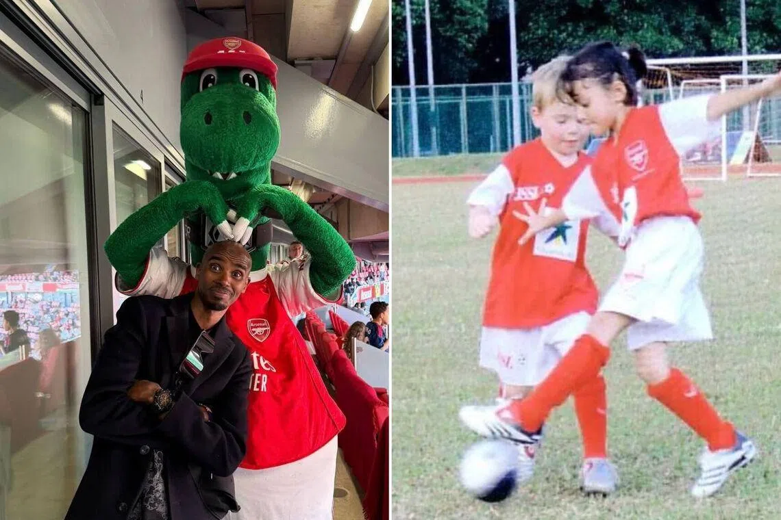 Arsenal fans Mo Farah (left) and Amita Berthier celebrate Arsenal's first Premier League title after 22 years.