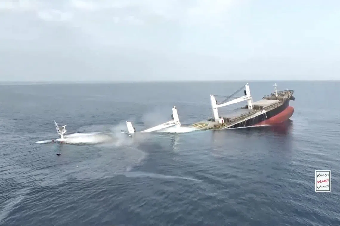 A vessel said to be Greek-operated, Liberia-flagged Eternity C sinking in the Red Sea in footage released by Yemen's Houthis on July 9.