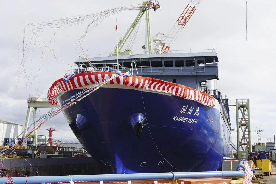 FILE PHOTO: The whaling mother ship Kangei Maru is seen during its launch ceremony in Shimonoseki, western Japan August 31, 2023, in this photo taken by Kyodo. Mandatory credit Kyodo via REUTERS/File Photo