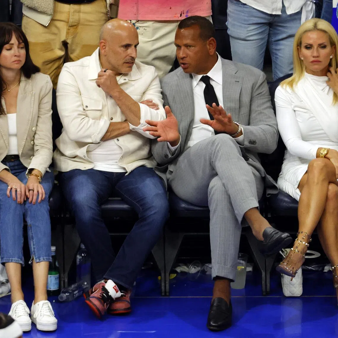 FILE PHOTO: May 22, 2024; Minneapolis, Minnesota, USA; Minnesota Timberwolves minority owners Marc Lore and Alex Rodriguez look on in the second half against the Dallas Mavericks during game one of the western conference finals for the 2024 NBA playoffs at Target Center. Mandatory Credit: Bruce Kluckhohn-USA TODAY Sports/File Photo