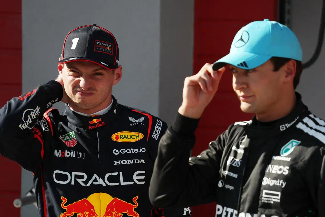 Mercedes' George Russell (right) made light on June 12 of his collision in Spain two weeks ago with Red Bull's Max Verstappen.