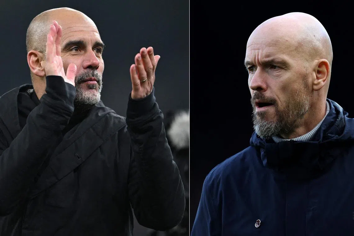 Manchester United manager Erik ten Hag (right) has lost three of his four games against Pep Guardiola's City.