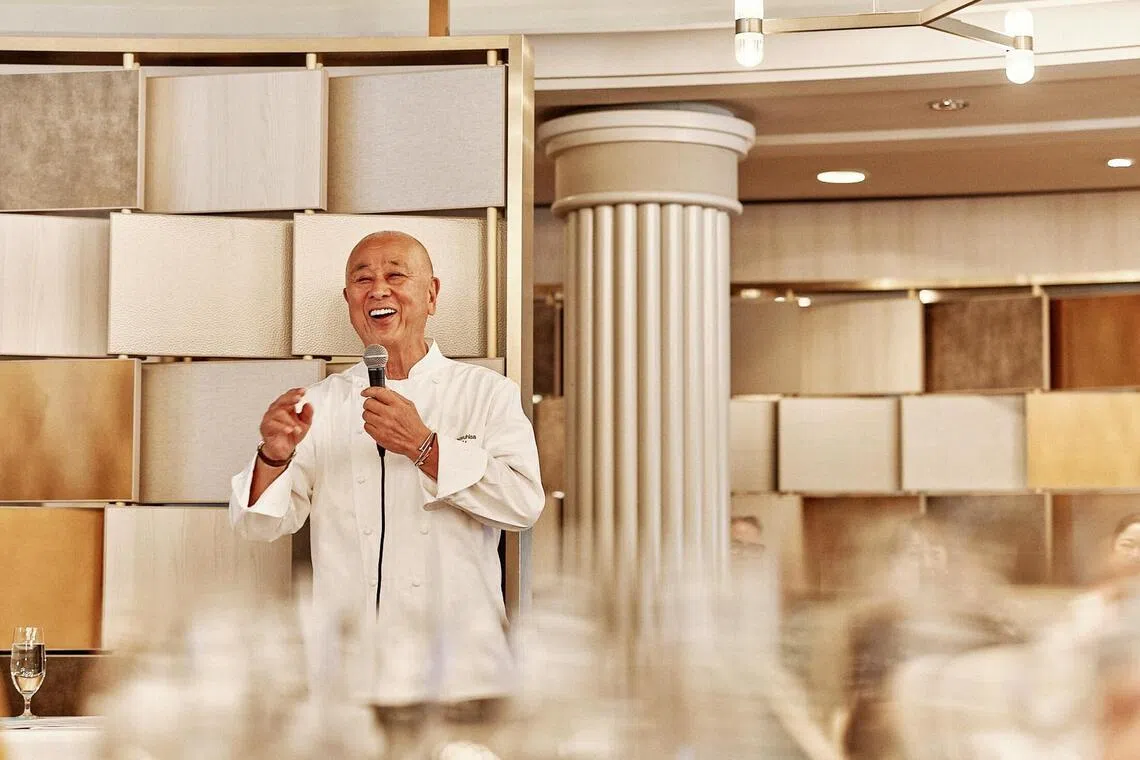 Chef Nobu Matsuhisa at a sake tasting at his restaurant  Umi Uma aboard Crystal Cruises.