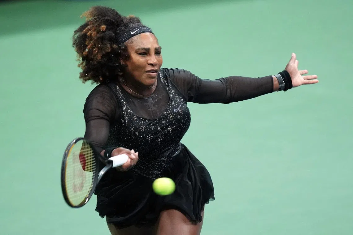 FILE PHOTO: Sep 2, 2022; Flushing, NY, USA; Serena Williams of the United States hits to Ajla Tomljanovic of Australia on day five of the 2022 U.S. Open tennis tournament at USTA Billie Jean King Tennis Center. Mandatory Credit: Danielle Parhizkaran-USA TODAY Sports/File Photo