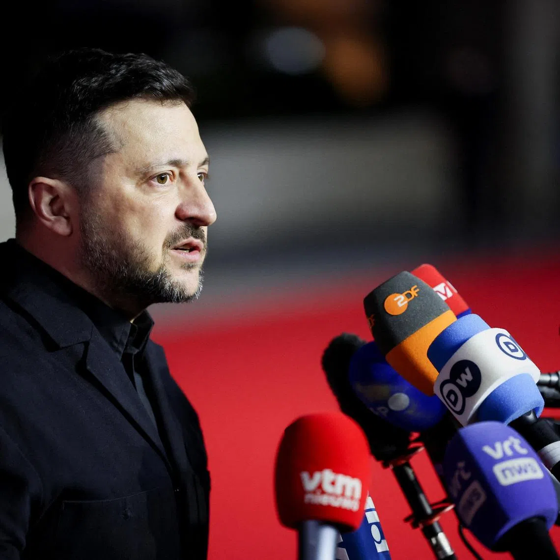 Ukraine's President Volodymyr Zelenskiy speaks to the media as he arrives to attend an informal European leaders' summit in Ayia Napa, Cyprus April 23, 2026. REUTERS/Yiannis Kourtoglou