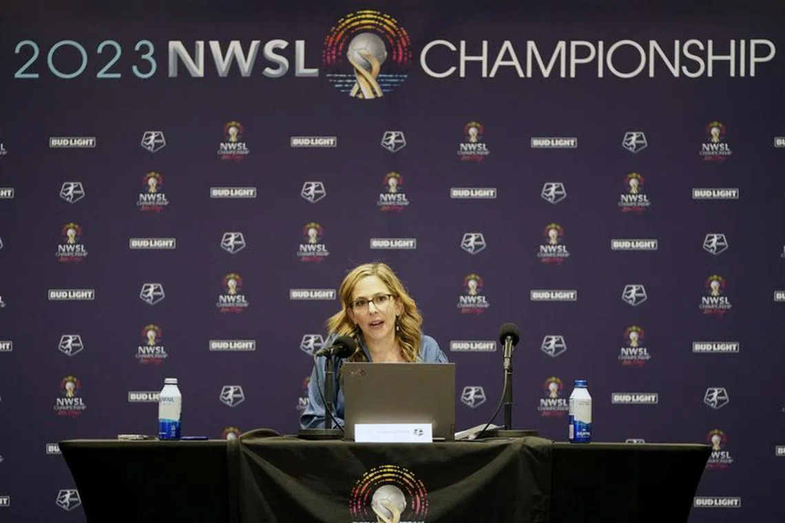 Nov 10, 2023; San Diego, California, USA; NWSL commissioner Jessica Berman speaks at a press conference at Snapdragon Stadium. Mandatory Credit: Kyle Terada-USA TODAY Sports/File Photo