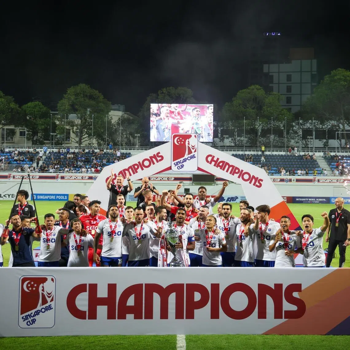 Lion City Sailors celebrate after defeating BG Tampines in the Singapore Cup final at Jalan Besar Stadium on Jan 10, 2026. 