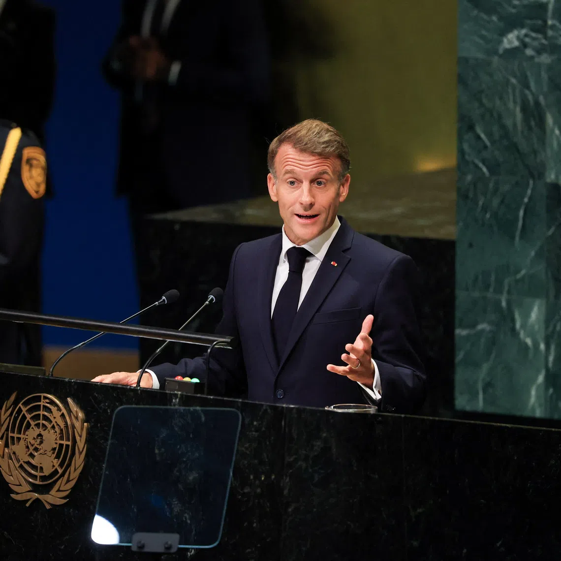 French President Emmanuel Macron addressing the United Nations General Assembly in New York City on Sept 22.