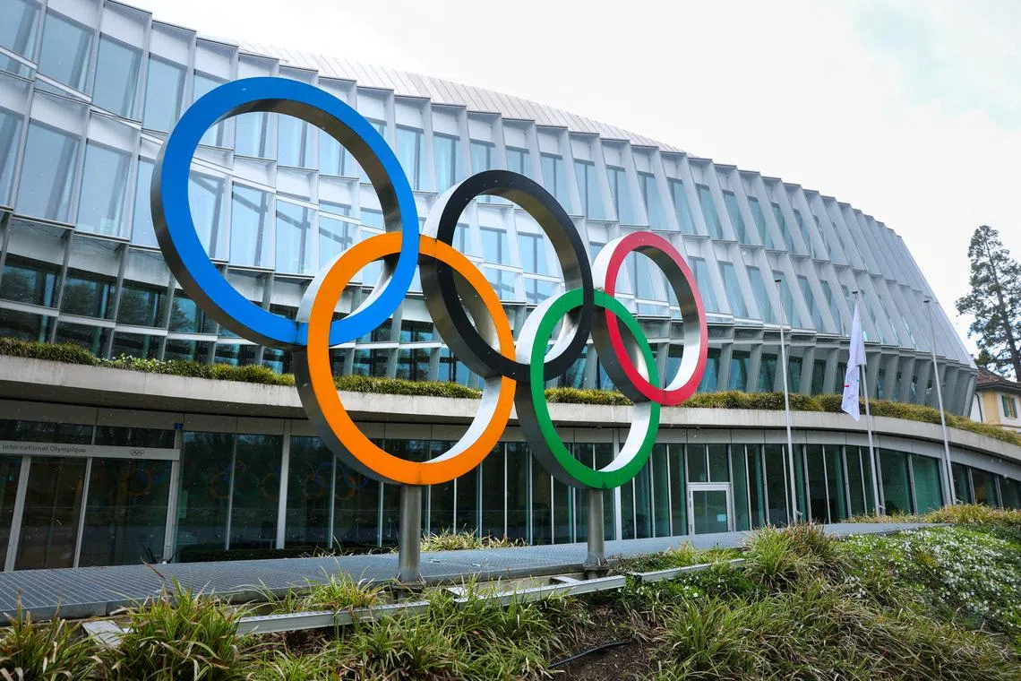 Olympic rings are pictured outside the International Olympic Committee (IOC) during an Executive Board meeting at the Olympic House in Lausanne, Switzerland, March 26, 2026. REUTERS/Denis Balibouse