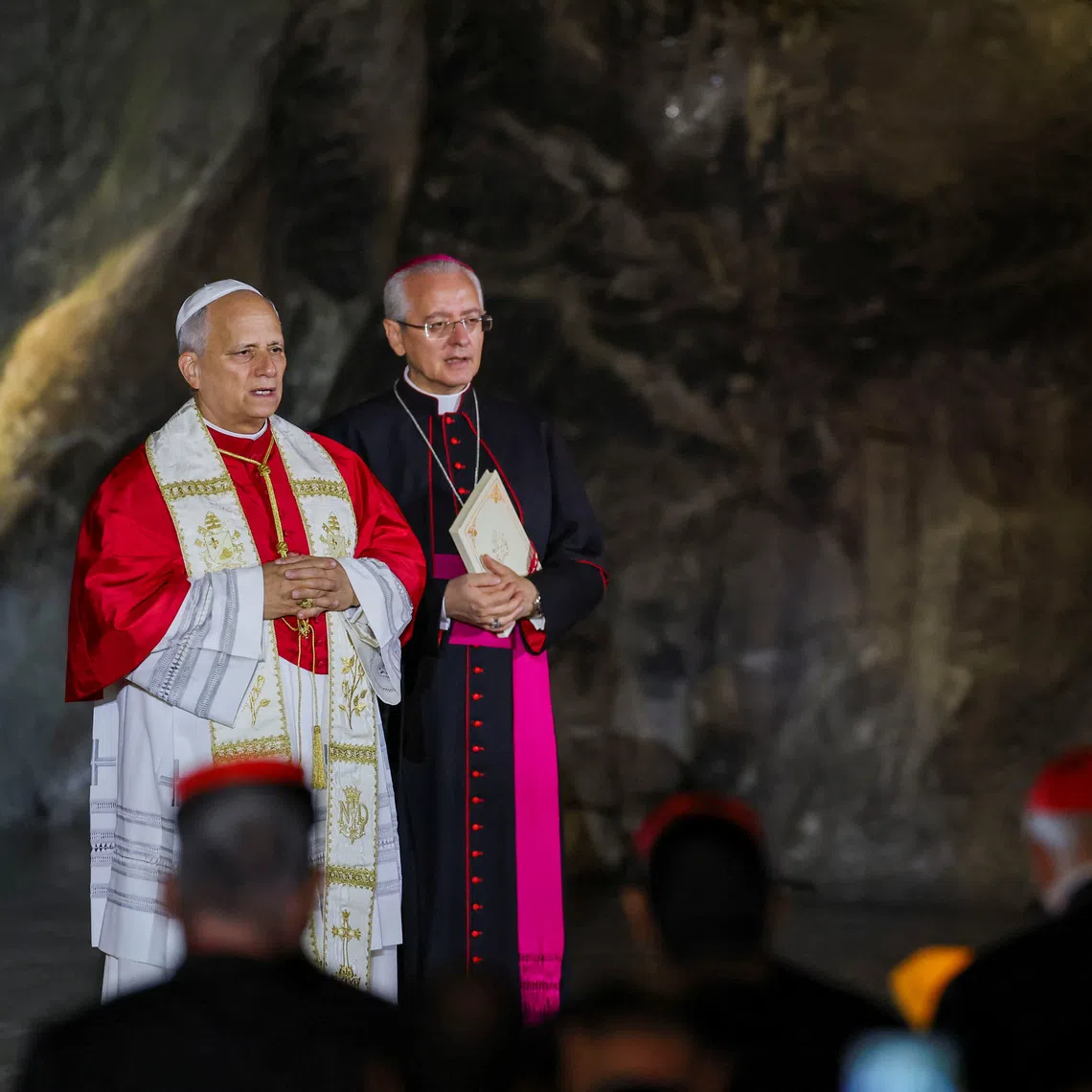 Pope Leo leads the prayer of the Holy Rosary on the day of a candlelight procession on Sept 27, at the Grotto of the Apparitions at the Sanctuary of Our Lady of Lourdes, in Lourdes, France.