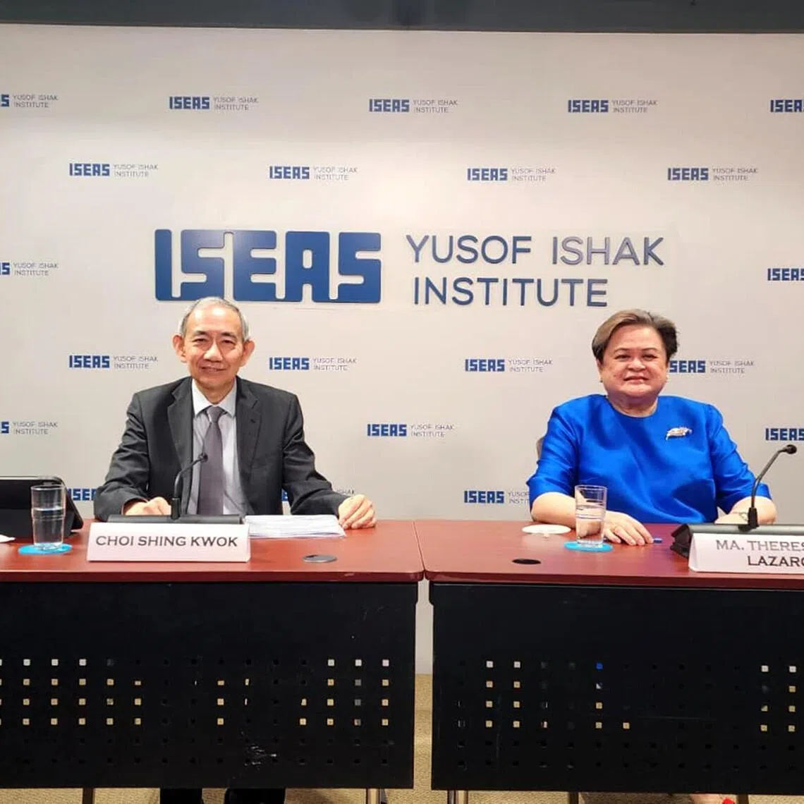 Philippine Foreign Secretary Theresa Lazaro sits beside ISEAS-Yusof Ishak Institute Director and CEO Choi Shing Kwok during her lecture held on February 6, 2026 on Manila's chairmanship of ASEAN.