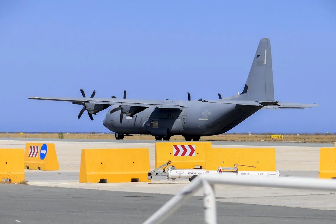 A US Airforce C-130 Hercules cargo plane landing at Larnaca International Airport in Cyprus, on June 19.