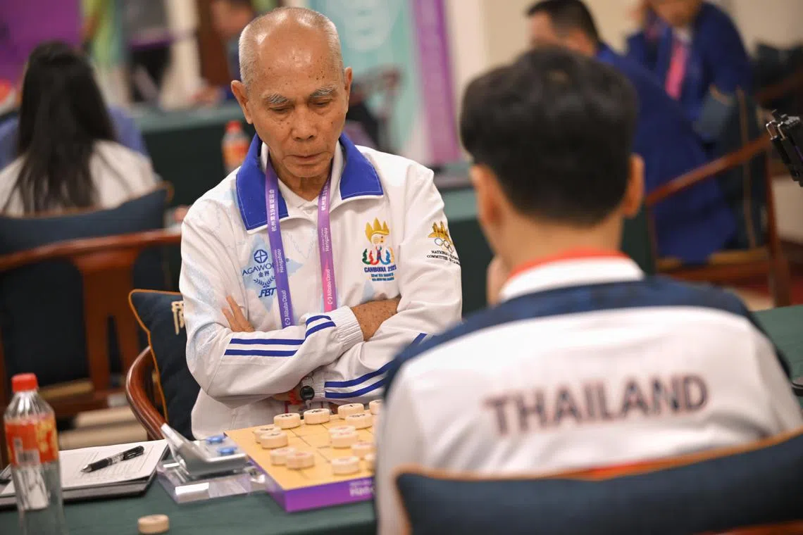 Sok Theng of Cambodia plays against Radtai Lokutarapol of Thailand during the men’s Xiangqi individual Round 7 at the the Hangzhou Qiyuan Hall on Oct 7, 2023.