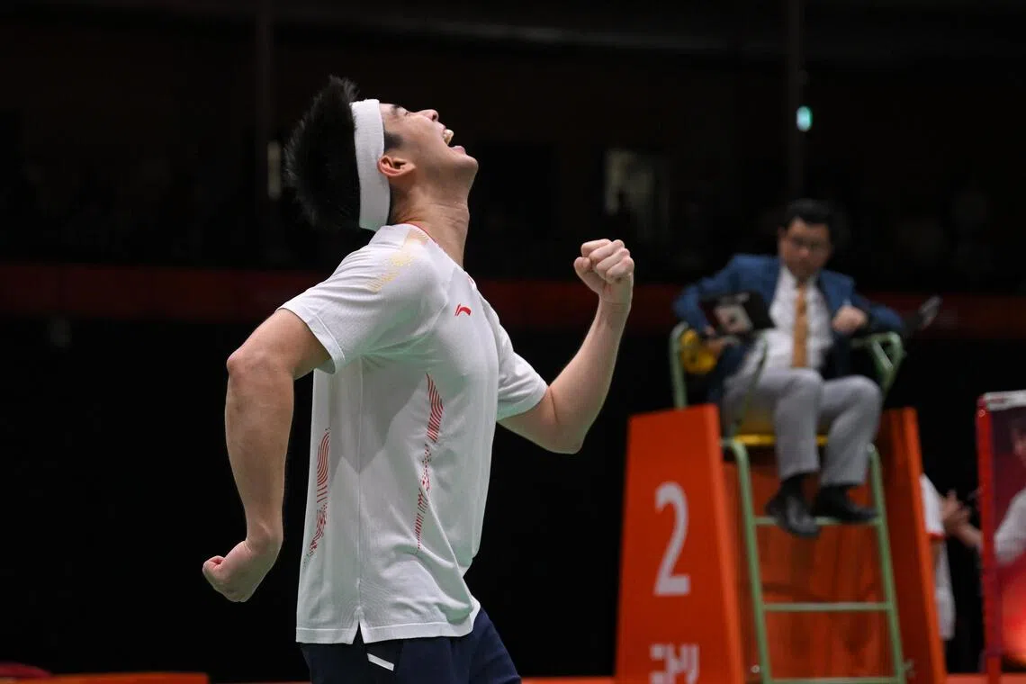 Loh Kean Yew of Singapore celebrates after beating Yoo Tae Bin of South Korea during the Asian Games Badminton Men?s Singles Semifinal held at the Ichinomiya City Municipal Gymnasium on Sept 28, 2026.