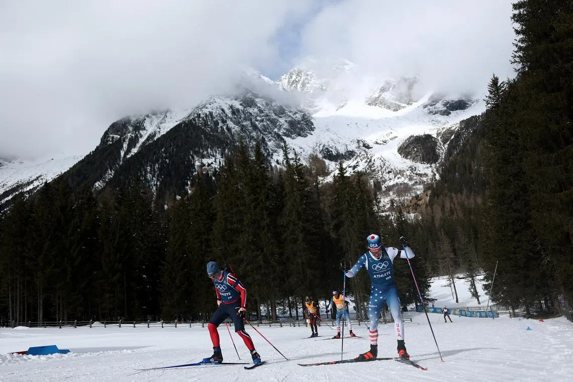 Milano Cortina 2026 Olympics - Biathlon - Men's training - Anterselva Biathlon Arena, South Tyrol, Italy - February 12, 2026. General view of biathletes during training REUTERS/Eloisa Lopez