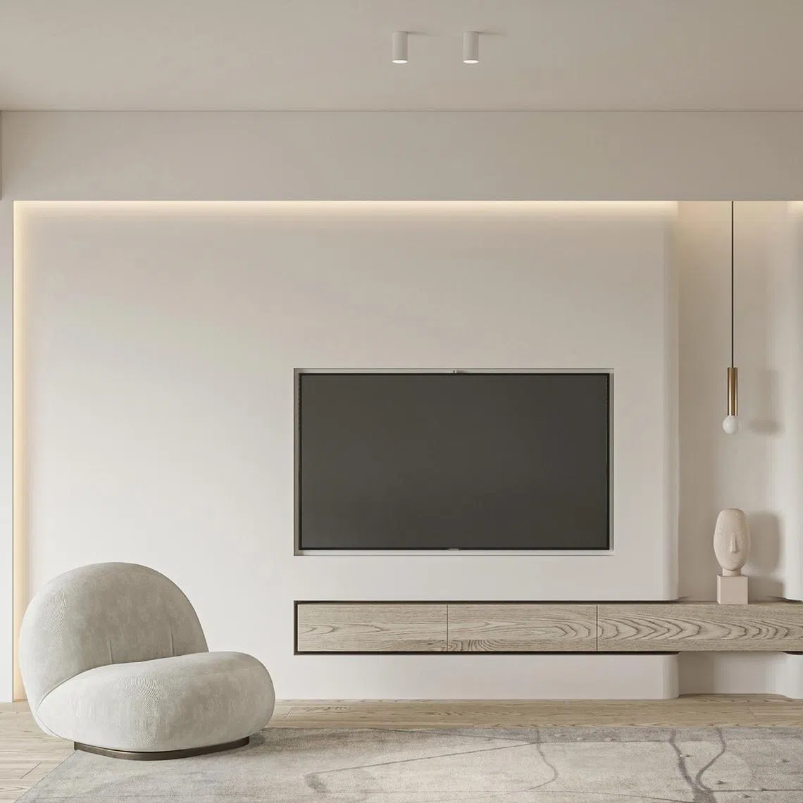 Minimalism in cream or white is a major interior design trend, along with curves and cove lighting.