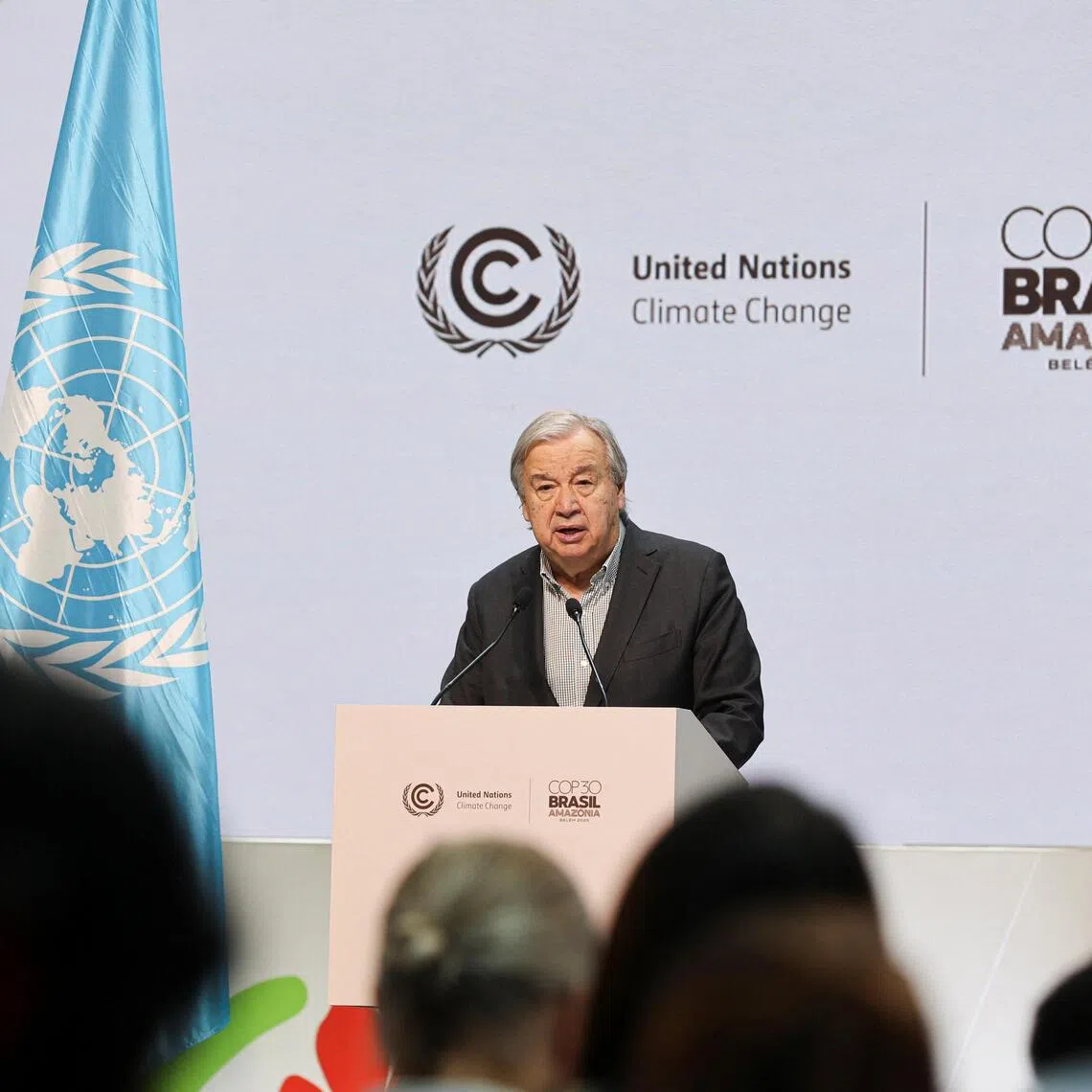 UN Secretary-General Antonio Guterres addressing a press conference at the UN Climate Change Conference (COP30), in Belem, Brazil, on Nov 20.