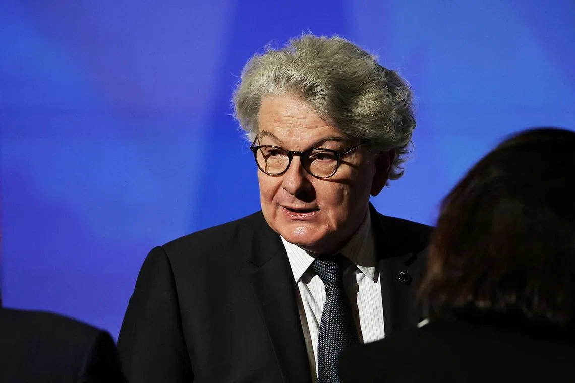 European Commissioner for Internal Market Thierry Breton looks on before French President Emmanuel Macron's speech on Europe in the amphitheatre of the Sorbonne University in Paris, France, 25 April 2024. Christophe Petit Tesson/Pool via REUTERS/File Photo