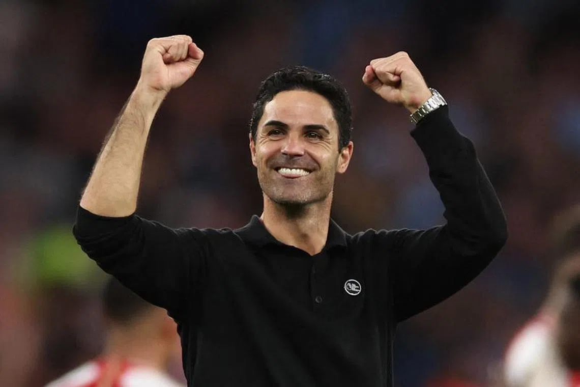 Soccer Football - Premier League - Arsenal v Manchester City - Emirates Stadium, London, Britain - October 8, 2023 Arsenal manager Mikel Arteta celebrates after the match REUTERS/David Klein