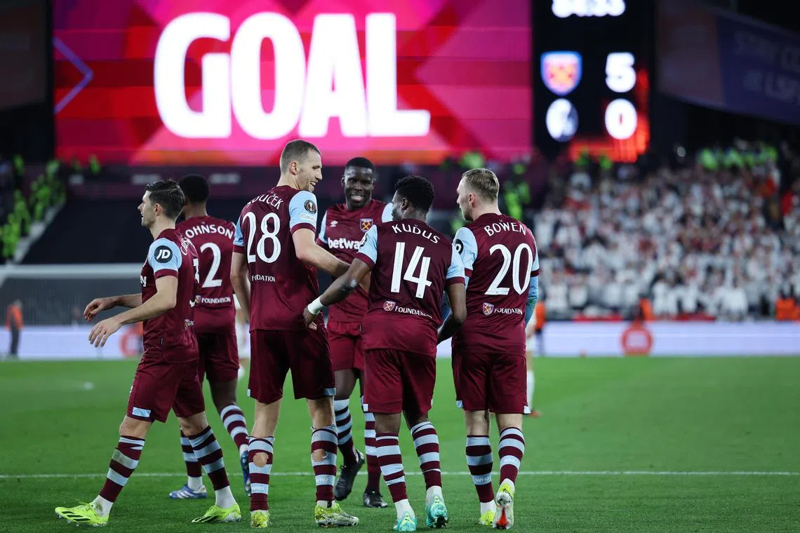 West Ham’s Mohammed Kudus (centre) celebrates with teammates after scoring the second of his two goals - his team's fifth against Freiburg.
