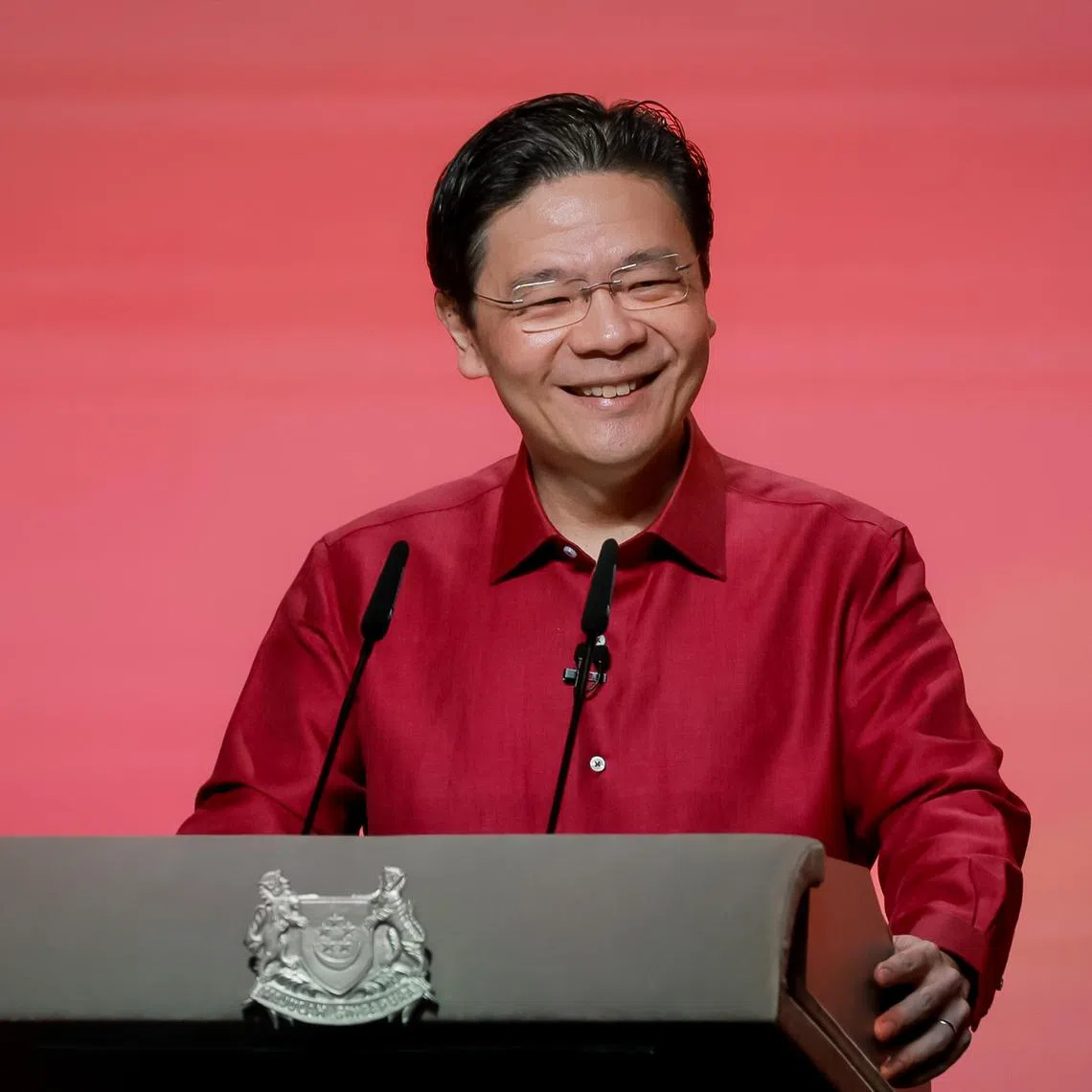 Prime Minister Lawrence Wong speaking during the National Day Rally held at the Institute of Technical Education (ITE) College Central on Aug 18, 2024.