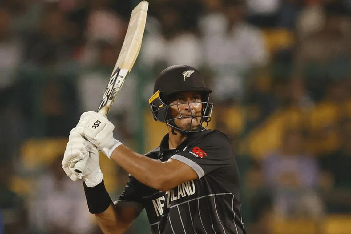 Cricket - ICC Cricket World Cup 2023 - New Zealand v Sri Lanka - M. Chinnaswamy Stadium, Bengaluru, India - November 9, 2023 New Zealand's Rachin Ravindra in action REUTERS/Adnan Abidi/File Photo
