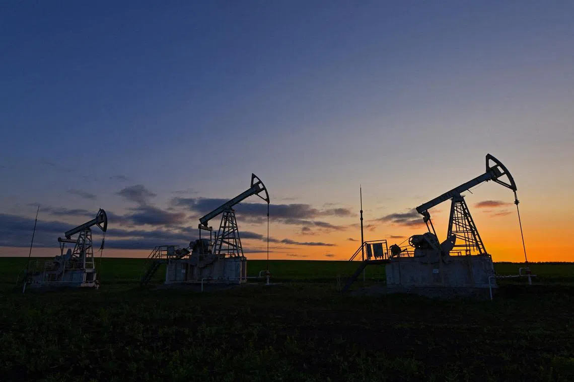 FILE PHOTO: A view shows oil pump jacks outside Almetyevsk in the Republic of Tatarstan, Russia June 4, 2023. REUTERS/Alexander Manzyuk/File Photo