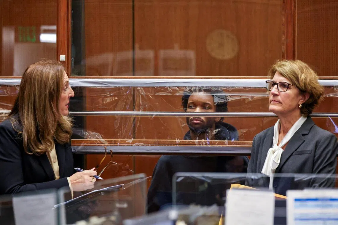 Singer D4vd (centre) - real name David Burke -  during his arraignment for the murder of Celeste Rivas Hernandez in Los Angeles, on April 20.