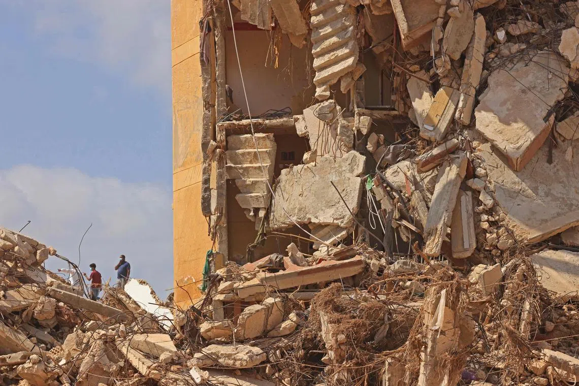 A damaged building following the deadly flash floods in Libya's eastern city of Derna on Sept 18.