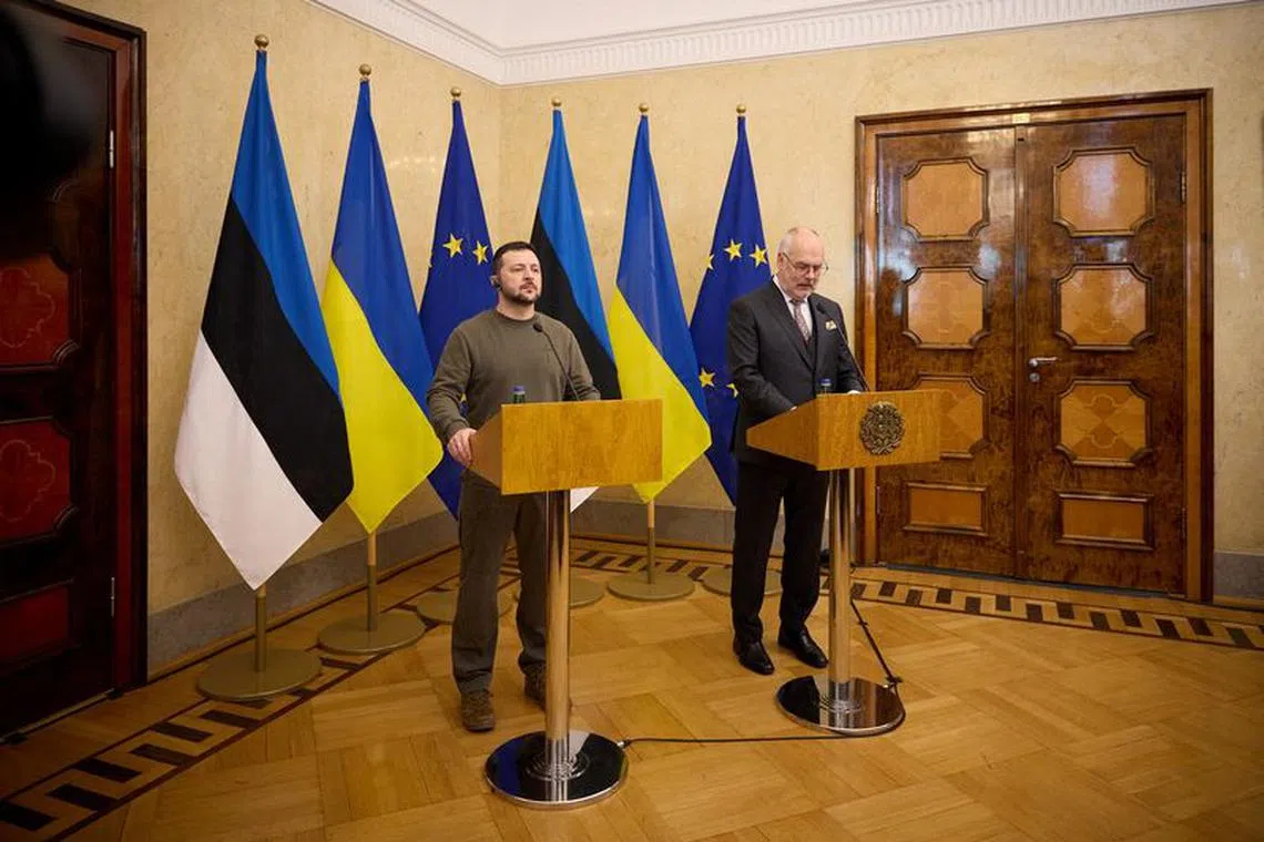 Ukraine's President Volodymyr Zelenskiy and Estonian President Alar Karis attend a joint press conference in Tallinn, Estonia January 11, 2024. Ukrainian Presidential Press Service/Handout via REUTERS/File Photo