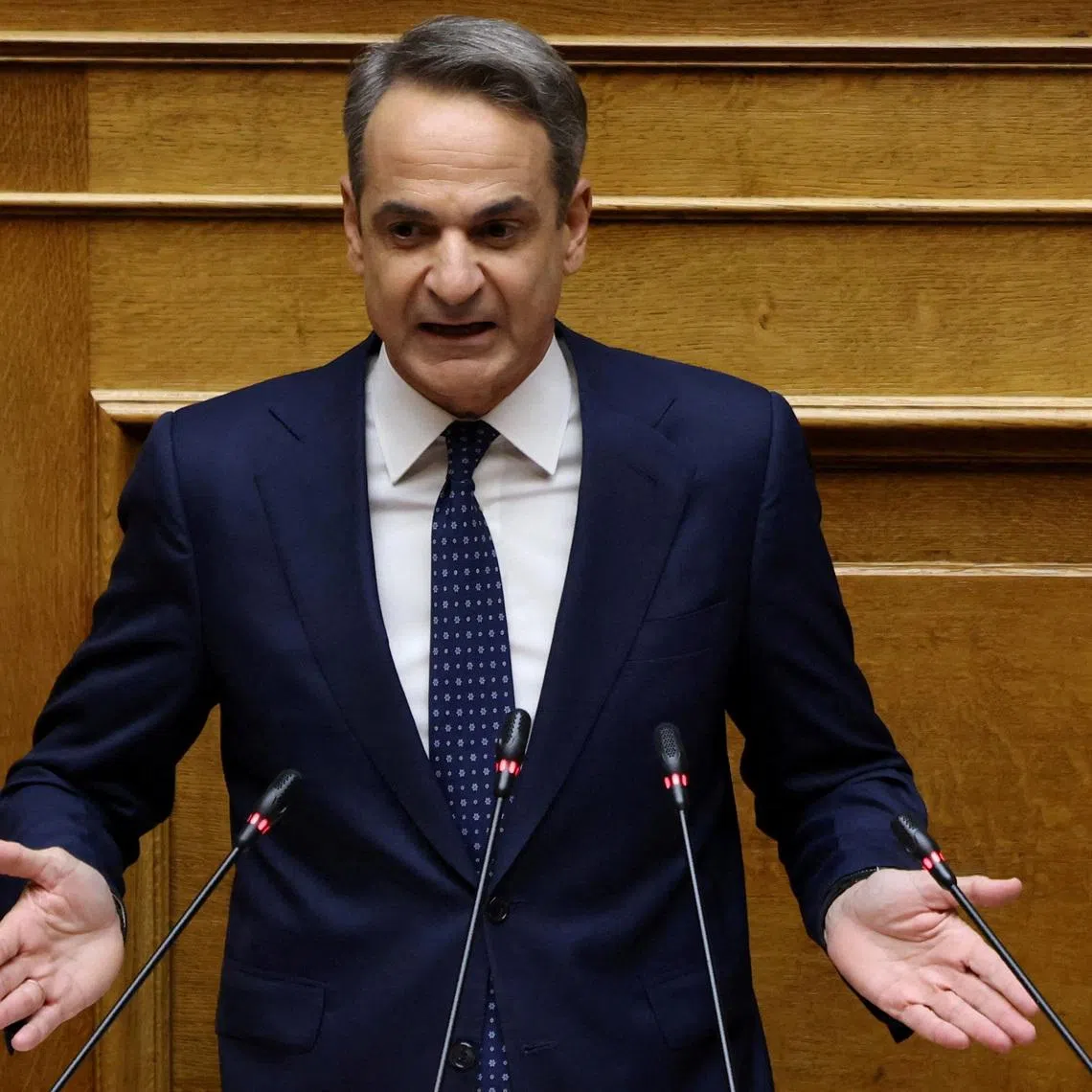 FILE PHOTO: Greek Prime Minister Kyriakos Mitsotakis speaks at the Greek parliament as parliament votes on the 2026 budget, in Athens, Greece, December 16, 2025. REUTERS/Louiza Vradi/File Photo
