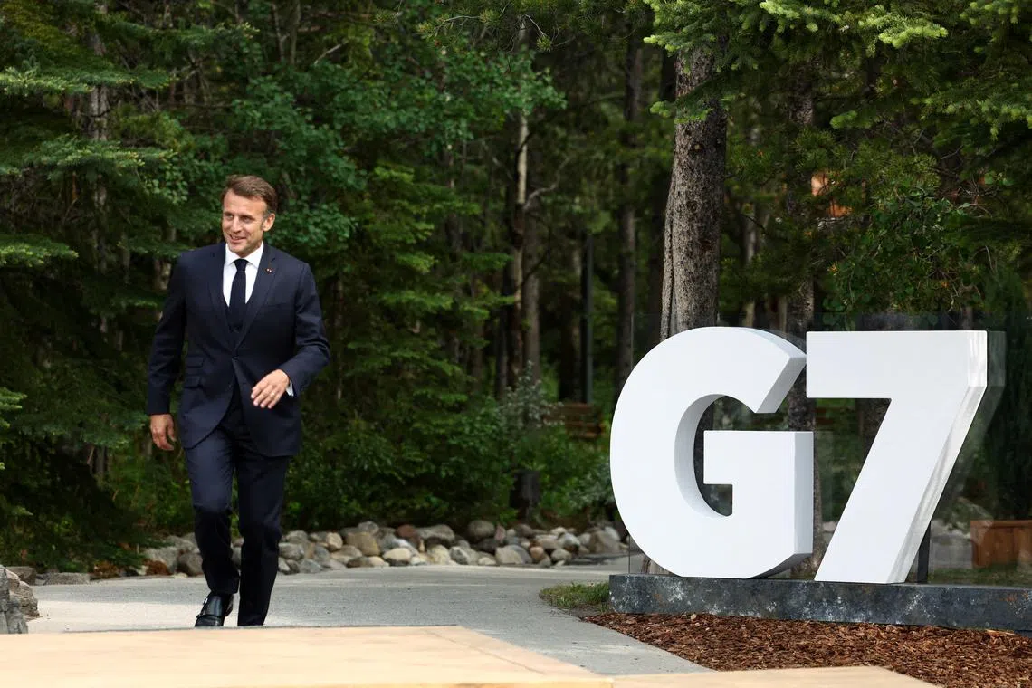 French President Emmanuel Macron arrives at the G7 summit in Kananaskis,  Alberta, Canada,  June 16, 2025.  REUTERS/Kevin Lamarque