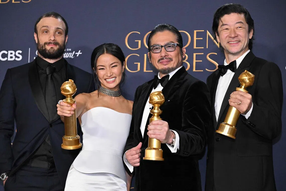Actors (from left) Cosmo Jarvis, Anna Sawai, Hiroyuki Sanada and Tadanobu Asano, winners of the Best Television Series - Drama Award for Shogun at the 82nd Golden Globe Awards on Jan 5.