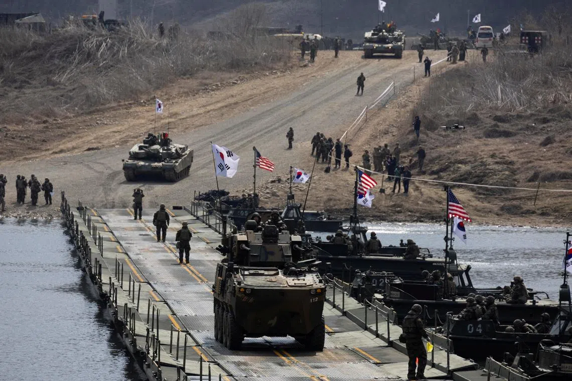 FILE PHOTO: South Korean Anti-Aircraft Gun Wheeled Vehicle System participates in the joint river-crossing exercise conducted for South Korean and US soldiers in Yeoncheon, Gyeonggi province, South Korea, 20 March 2024. JEON HEON-KYUN/Pool via REUTERS/File Photo