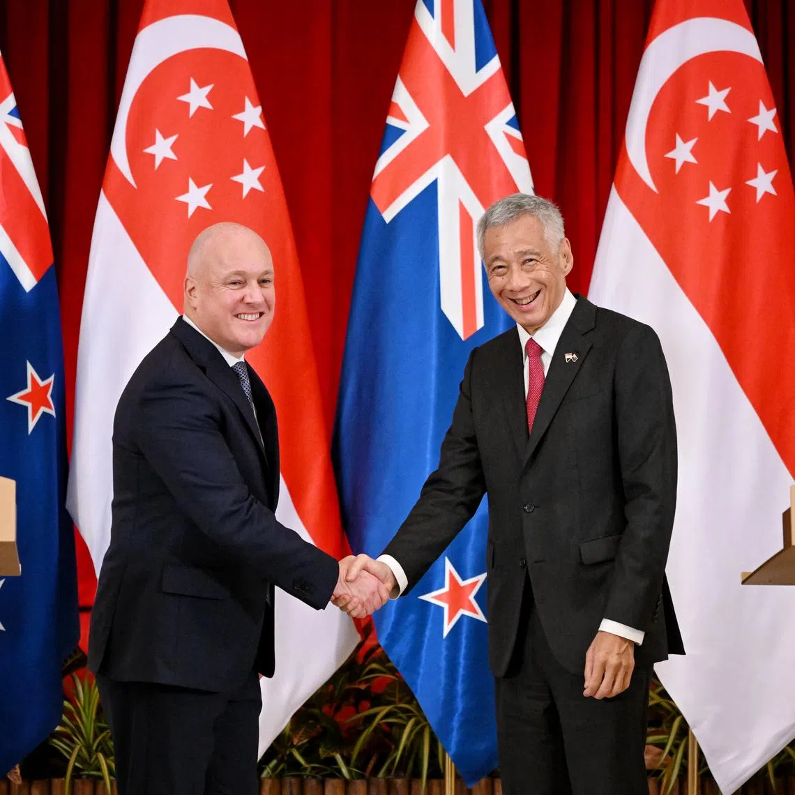 PM Lee Hsien Loong (right) with his New Zealand counterpart Christopher Luxon at the Istana on April 15.
