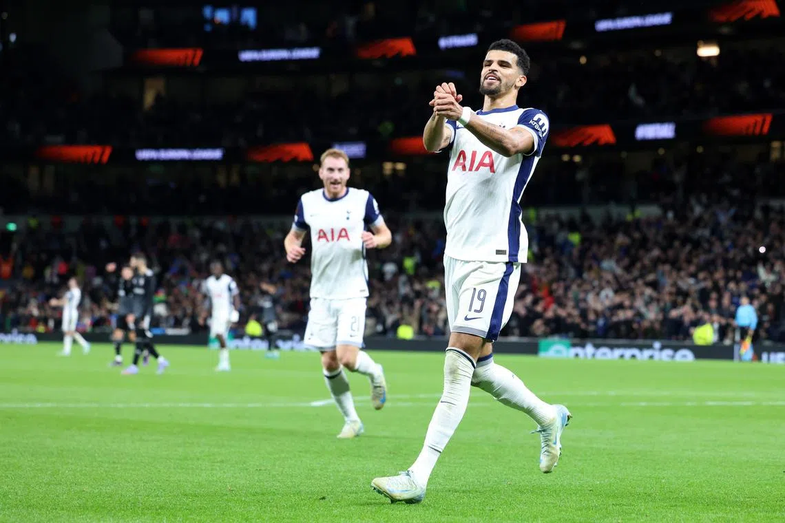 Tottenham’s Dominic Solanke celebrating after scoring the team's third goal.