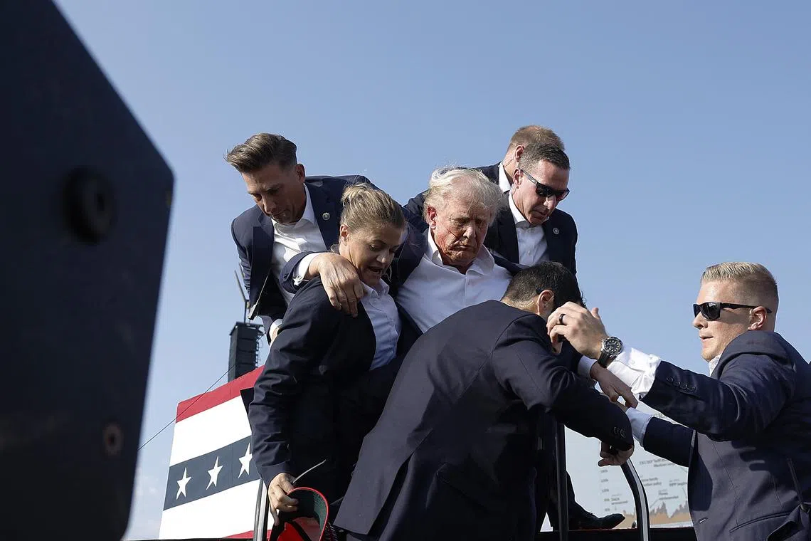 Republican presidential candidate former President Donald Trump was rushed offstage during a rally on July 13, 2024 in Butler, Pennsylvania. 