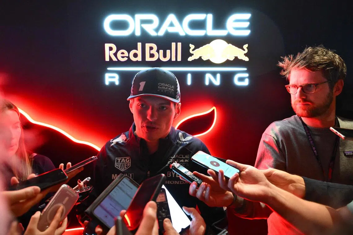 Red Bull's Max Verstappen speaks to the press after the opening ceremony for the Las Vegas Grand Prix.
