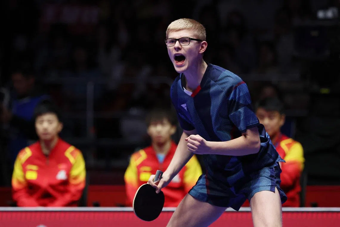 France's Felix Lebrun reacts during his men's teams final match against China's Wang Chuqin REUTERS/Kim Hong-Ji
