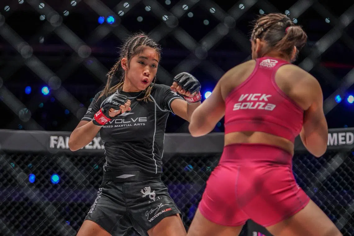 The late Victoria Lee (left) in action against Victoria Souza at One Championship's "Revolution" event at the Singapore Indoor Stadium in September 2021. 