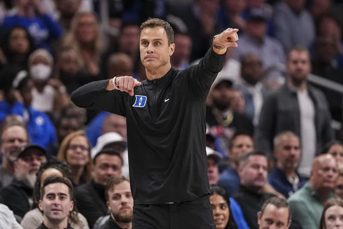 Nov 12, 2024; Atlanta, Georgia, USA; Duke Blue Devils head coach Jon Scheyer reacts on the sideline against the Kentucky Wildcats during the second half at State Farm Arena. Mandatory Credit: Dale Zanine-Imagn Images/ File Photo