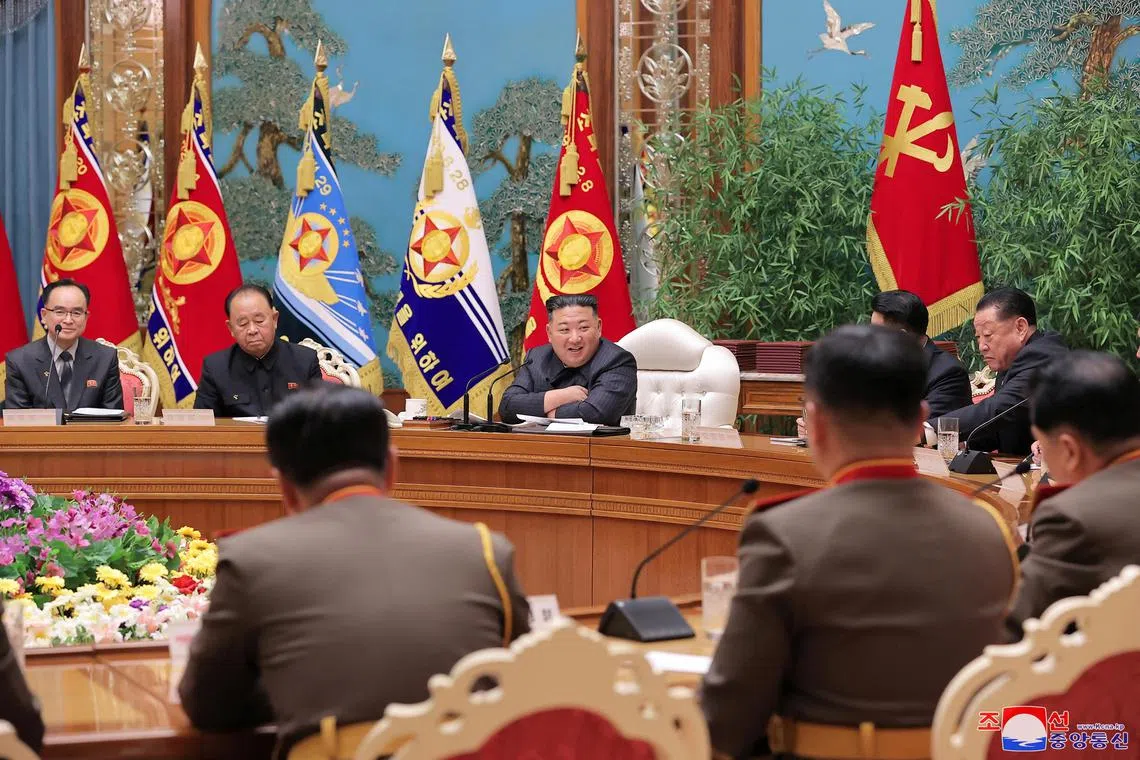North Korean leader Kim Jong Un presides over a military meeting in Pyongyang, North Korea.