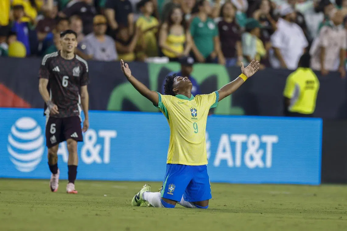Brazil forward Endrick reacting after the 3-2 win over Mexico in an international friendly football match at College Station, Texas, on June 8.