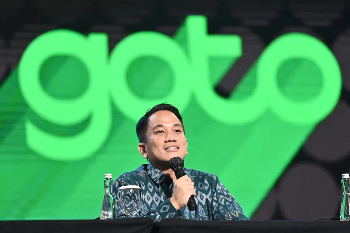President director of the GoTo group Andre Soelistyo speaks to audience during the initial public offering (IPO) event in Jakarta on March 15, 2022.