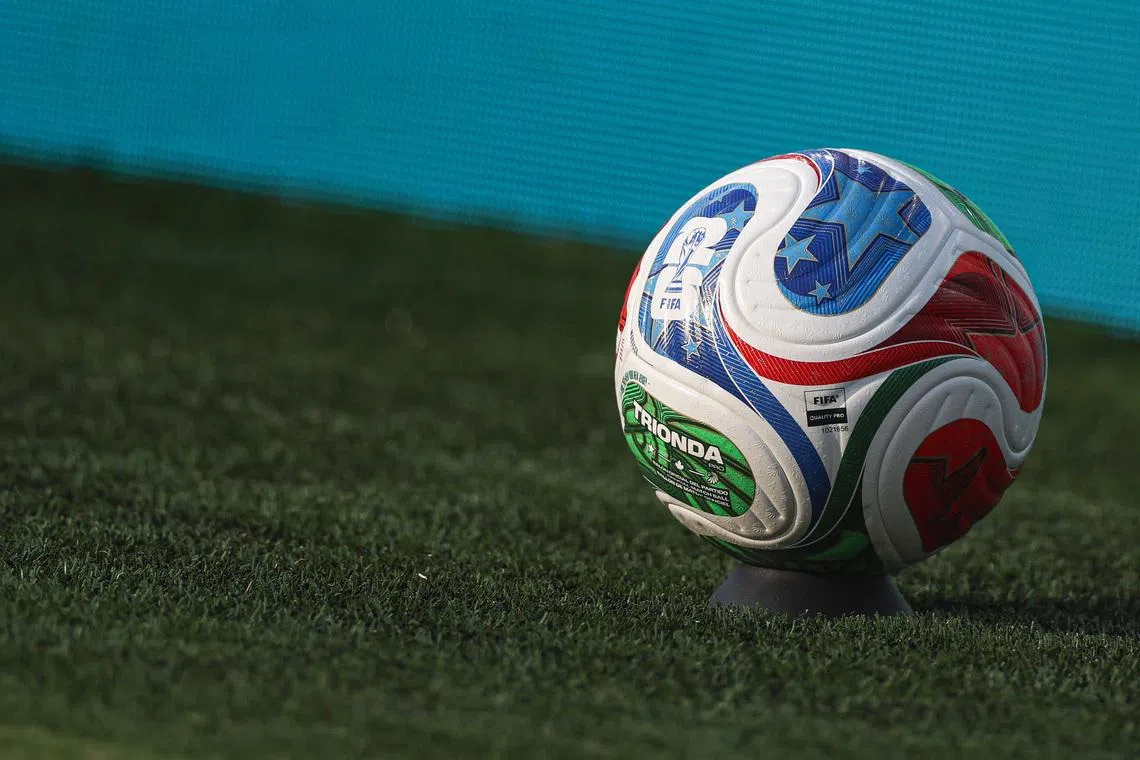 FILE PHOTO: A general view of an Adidas FIFA World Cup official match ball at New York, New Jersey Stadium. Jun 13, 2026; East Rutherford, New Jersey, USA Mandatory Credit: Vincent Carchietta-Imagn Images/File Photo