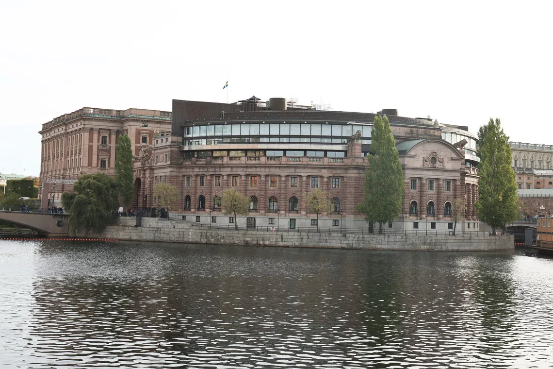 A general view shows the exterior of Sweden’s parliament in Stockholm, Sweden, October 15, 2026. REUTERS/Tom Little